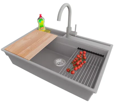 Produktbild von PRIMAGRAN Granitspüle Grau 78x53cm, Spülbecken 1 Becken + Küchenarmatur 32x20cm + Ablauf-Set + Küchenzubehörset, Küchenspüle ab 80er Unterschrank - Oslo Pocket