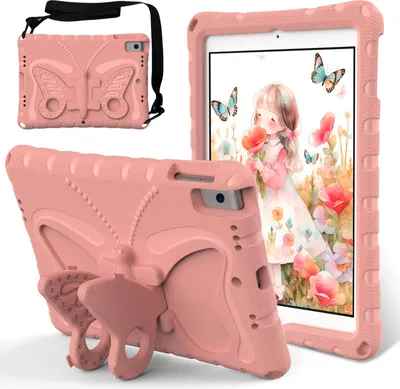 Produktbild von Kinder Hülle für iPad Air 2019/Air 3rd Gen/iPad Pro 10,5, iPad 10,2 2021/2020/2019 Leicht Stoßfeste EVA Kindgerechtes Schutzhülle mit Schultergurt, Schmetterlings-Ständer Pink