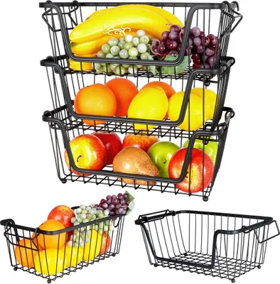 Produktbild von Vilde Obstkorb Obst-Etagere Loft-Korb aus Metall für Obst und Gemüse Aufbewahrungskorb schwarz, 3er-Set 32x20x13,5 cm