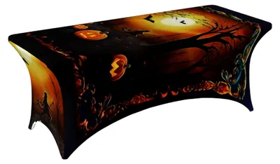 Produktbild von Stretch-Elasthan-Tischdecke für Halloween-Partys, rechteckige Form, dekorativ, für Innen- und Außenbereich, waschbar, geeignet für Veranstaltungen, Hochzeiten und Feiern