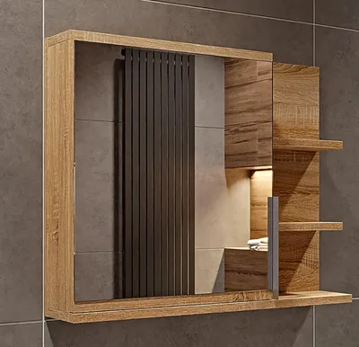 Produktbild von Sonoma Eiche Badezimmerschrank mit Spiegel und Ablagen, B:60 x H:50 cm Spiegelschrank Bad  1 Tür - Hängeschrank Badezimmer, Rechts