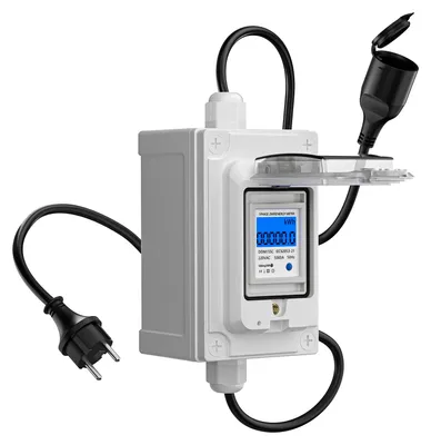 Obrázok produktu pre Mobilné elektromery pre strednú a východnú Európu - digitálny elektromer na meranie spotreby elektrickej energie (kWh) - 230 V - 60 A - LED displej - vodotesné (IP67) - biela farba