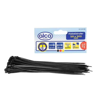 Zdjęcie produktu dla opaski kablowe alca® 3,6*300mm 100 szt. czarne 18 kg wytrzymałość na rozciąganie odporne na promieniowanie UV do mocowania kabli wewnątrz i na zewnątrz nylon odporny na temperaturę
