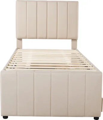 Produktbild von Flieks Polsterbett mit Unterbett, Einzelbett Jugendbett mit Lattenrost und Schubladen, Kinderbett Holzbett Gästebett Tagesbett 90x200/90x190cm, Leinen