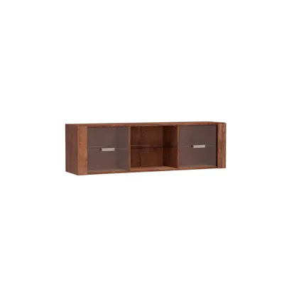 A wall-mounted cabinet with glass doors and shelves.