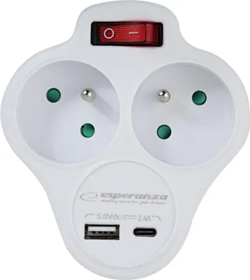 A white electrical splitter with two sockets, a USB-A port, and a USB-C port, featuring a red on/off switch.