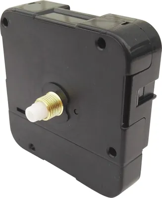 A black clock movement mechanism with a gold threaded shaft and a white plastic tip.