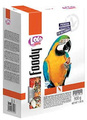 A product box for parrot food, featuring an image of a macaw.