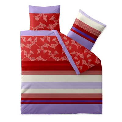 A bedding set with a floral pattern and striped accents, laid out on a white background.