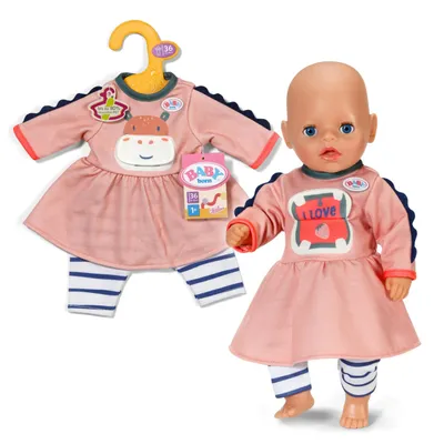 Produktbild von BABY born Set aus Kleid mit Dschungel-Motiv und gestreifter Leggins für 36cm Puppen.