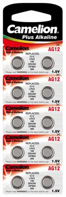 A retail package of Camelion AG12 alkaline watch batteries.