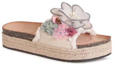 Produktbild von topschuhe24 3243 Damen XXL Plateau Pantoletten Sandalen Blume, Farbe:Beige, Größe:38 EU