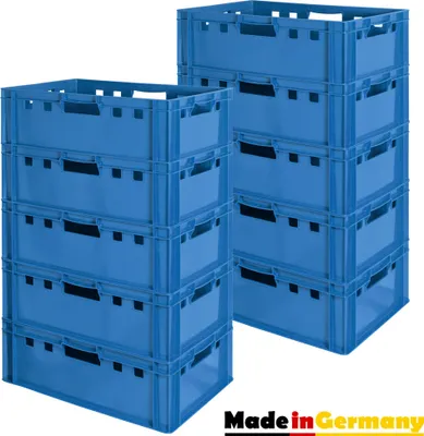 2 Türme aus je 5x Euro-Plastikkiste E2, blau, mit Griff auf jeder Seite, made in EU