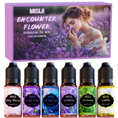 Produktbild von Ätherische Öle Set für Diffuser Aromatherapie Duftöl Geschenk 6x10ml Rose Kirschblüte Veilchen Rosmarin Vanille Lavendel