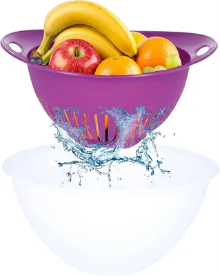 Image de Passoire de cuisine avec bol de récupération, capacité de 2 litres, en plastique, violet et blanc