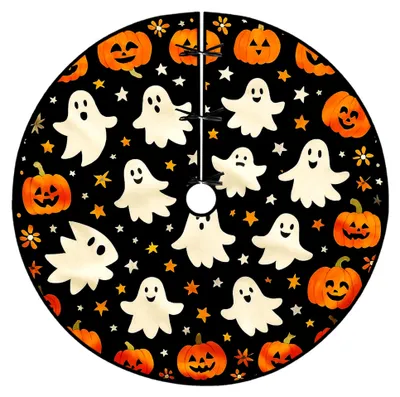 Produktbild von Halloween Baumrock aus schwarzem Samt mit Kürbis- und Sternmotiven, 122 cm