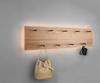 Produktbild von Große Metall Holz Wandgarderobe Hackenleiste mit LED Beleuchtung für Flur modern