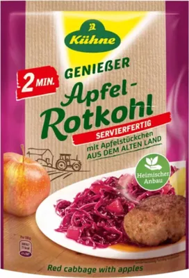 A package of Kühne Apfelrotkohl (red cabbage with apples) with a serving suggestion shown on the front.