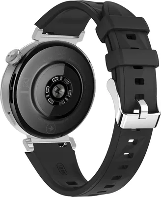 The back of a smartwatch with a black silicone strap.