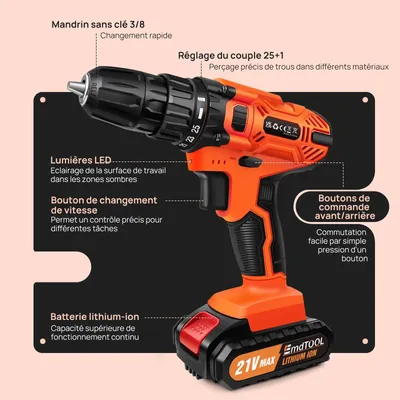 Image de Kit perceuse-visseuse sans fil - Perceuse sans fil - 21 V - 2 batteries lithium-ion de 1,5 Ah - Couple de 45 Nm - 25+1 réglages de couple - 2 vitesses - Orange