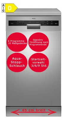 Produktbild von Amica Geschirrspüler 45cm Silber unterbaufähig AquaStopp OpenDry Türöffnung