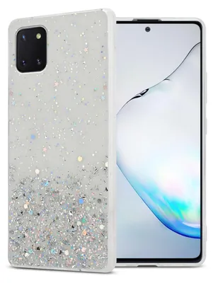 A phone case with glitter is shown next to a smartphone.