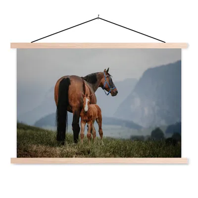 Produktbild von MuchoWow® Textilposter Pferd - Fohlen - Berg 120x80 cm mit holzfarbenen Rahmen - Aufhängeset