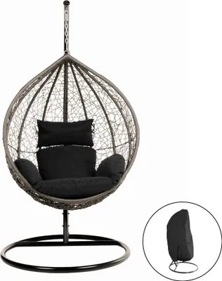 A hanging egg chair with black cushions and a stand, shown against a white background. A black cover for the chair is shown in a circular inset on the right.