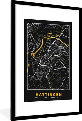 Produktbild von MuchoWow® Gerahmtes Poster Karte - Stadtplan - Hattingen - Deutschland - Gold 60x90 cm - Poster mit Schwarzem Bilderrahmen Wandposter Rahmen Foto Bilder - Dekoration - Wandposter Wohnzimmer - Hochwertig