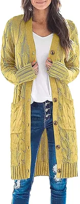 Produktbild von ASKSA Damen Langarm Strickjacke Strick Mantel Zopfstrick Sweater mit Knopfleiste und Taschen, Gelb, S