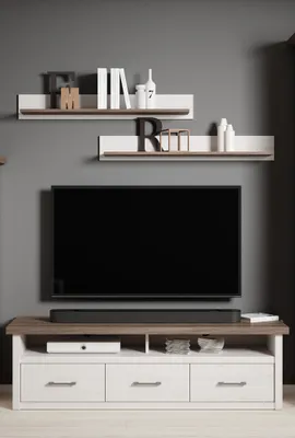 Produktbild von TV Wand im Landhausstil LUND-78 im Pinie weiß Nb./Trüffel Eiche Nb., B/H/T: ca. 148/200/43 cm