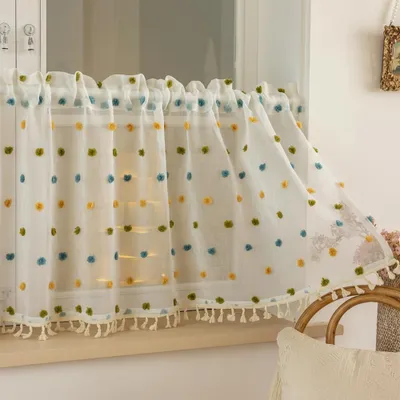 Boho-Küchenvorhang mit Quasten, weiß, 140 x 45 cm