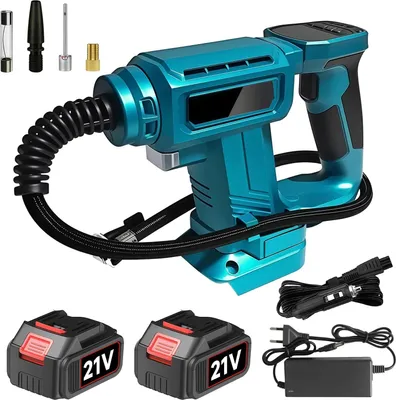 Immagine prodotto di Pompa d'aria wireless - Compressore elettrico portatile per pneumatici di auto - Compressore a batteria da 18V con luce LED - Set con 2 batterie