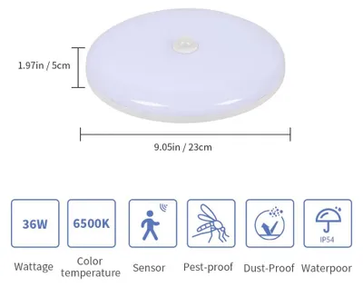 Produktbild von LED-Deckenleuchte - Bewegungssensor - 36 W - 23 cm - 6500 K Kaltweiß - IP56 - Weiß