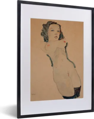 Produktbild von MuchoWow® Gerahmtes Poster Liegender Akt mit schwarzen Strümpfen - Gemälde von Egon Schiele 30x40 cm - Poster mit Schwarzem Bilderrahmen Wandposter Rahmen Foto Bilder - Wandposter Schlafzimmer