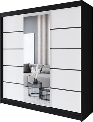 Produktbild von Easy4You R6 200 cm Schwarz/Weiß Schiebetüren Kleiderschrank 200x215x58 cm mit Spiegel - Schlafzimmermöbel, Aufbewahrung - Mehrzweckschrank