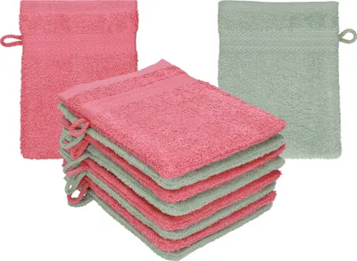 Produktbild von Betz 10 Stück Waschhandschuhe 16x21 cm PREMIUM 100% Baumwolle Farbe: himbeere - heugrün