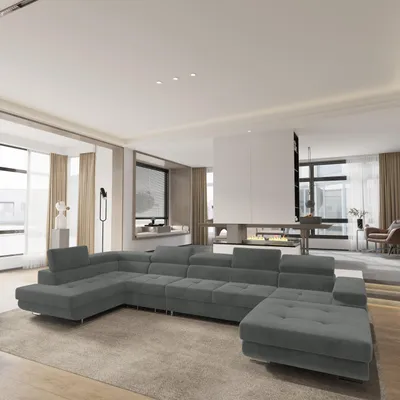 Produktbild von Masseno Ecksofa VELORA L-S mit Schlaffunktion U-Form, Sofa mit Bettkasten, Wohnzimmersofa, Couch, Soffa, Bettsofa, Couchgarnitur- Grau, MONOLITH 85