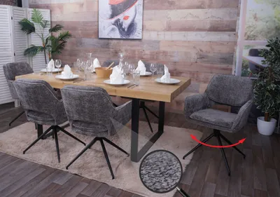 Image de lot de 6 chaises de salle à manger HWC-N74, chaise de cuisine, pivotante Auto-Return, tissu chenille (490g/m²) Öko-Tex ~ gris foncé