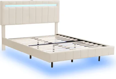 Produktbild von Polsterbett Doppelbett 140x200 cm Leinen (Ohne Matratze) gepolsterter Schwebebett Rahmen mit LED-Leuchten Kopfteildesign flächiges Gästebett Beige