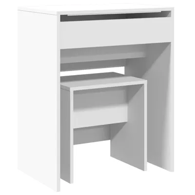 A white vanity table with a stool tucked underneath, shown from a front-side angle against a white background.