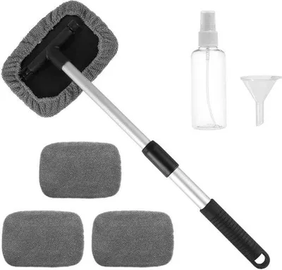 Productafbeelding van Unyqoos® Autowasborstelset met telescopische steel (22–36 cm), 180° draaibare ruitenborstel – 4x grijze microvezel borstels, spuitfles & trechter, krasvrij