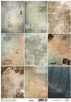 Zdjęcie produktu dla Zestaw tagów do scrapbookingu - TAG-258 żaglowiec, statek, stara mapa, lornetka