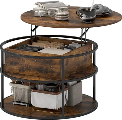 Productafbeelding van Ronde salontafel, in hoogte verstelbaar, diameter 80 cm. Salontafel met opbergruimte en verborgen compartimenten. Bijzet- of salontafel voor de woonkamer, bruin