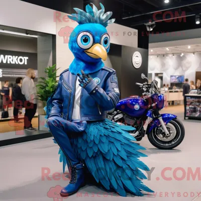 Produktbild von Maskottchenkostüm REDBROKOLY Blauer Pfau mit Motorradjacke und Uhren