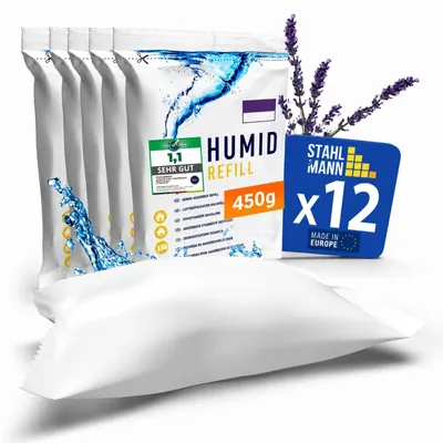 Produktbild von STAHLMANN® Luftentfeuchter Nachfüllpack [12 x 400 g] Granulat mit Lavendelduft, für nachfüllbare Entfeuchter-Boxen, ohne Strom gegen Feuchtigkeit in Keller, Schrank und Wohnmobil,  Europe