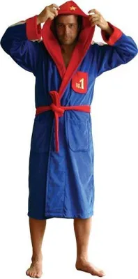 Imagen del producto de Unyqoos® - Bata para hombre, color azul, hasta la pantorrilla, con capucha grande y bordados (en el pecho: "NR.1", en la espalda: "CHAMP", estrella en la capucha), talla S (ajuste pequeño)