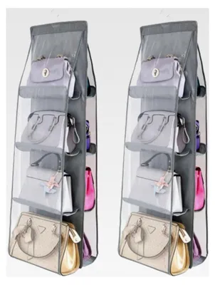 Produktbild von Set mit 2 Damen-Handtaschen-Organizern – Hängeschrank-Organizer zur Aufbewahrung von Taschen – nützlich zum Sortieren von Kleidung, Bettwäsche, Handtüchern und Schuhen – faltbares Design mit 8 Fächern