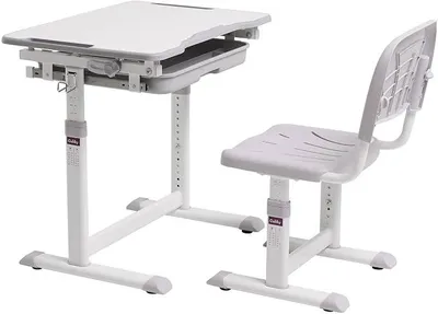 Image de Ensemble de bureau et chaise enfant réglables en hauteur, modèle Sorpresa, couleur gris. Plateau de bureau inclinable de 0 à 40°, bureau ergonomique avec tiroir