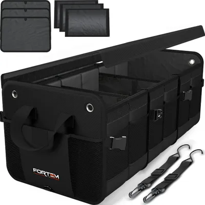 Image de Organisateur de coffre de voiture, rangement pour SUV avec plusieurs compartiments, boîte de rangement pliable, fond antidérapant, sangles de fixation réglables, couvercle souple, pour voiture